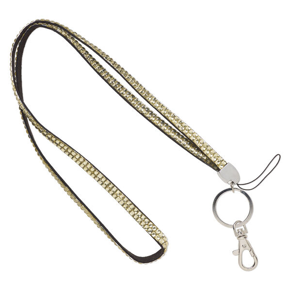 Lanyard, faux suede / acrylic rhinestone / silver- / nickel-plated "pewter" (zinc-based alloy), yellow, 8mm wide, 34 inches with lobster claw clasp. Sold individually. image number 0
