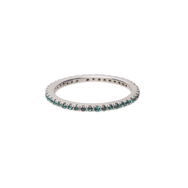 Ring, cubic zirconia and rhodium-plated sterling silver, green, 2mm wide eternity band, size 7. Sold individually. image number 0