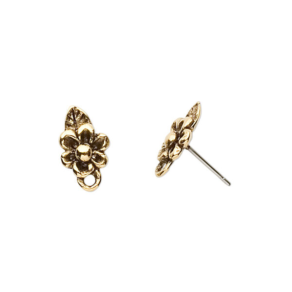 Earstud, stainless steel and pewter (tin-based alloy), pkg/1 pair, antique gold plate, 10x8mm flower and leaf with closed loop. image number 0