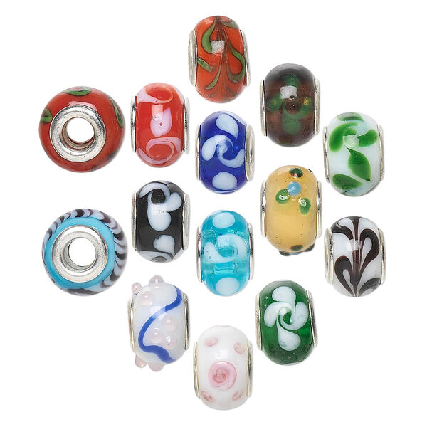 Bead mix, Dione®, lampworked glass with silver-plated brass grommets, opaque and semitransparent mixed colors, 14x9mm rondelle with swirls. Sold per pkg of 14. image number 0