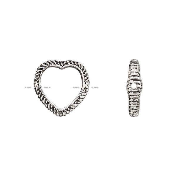 Bead frame, antique silver-finished "pewter" (zinc-based alloy), 14mm open heart with rope edge, fits up to 10mm bead. Sold per pkg of 2. image number 0