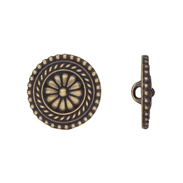 Button, TierraCast®, antique brass-plated pewter (tin-based alloy), 18mm beaded flat round with flower and loop. Sold per pkg of 20. image number 0