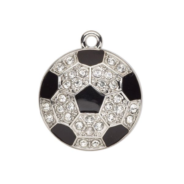 Charm, enamel / glass / silver-finished "pewter" (zinc-based alloy), black and clear, 25mm single-sided domed soccer ball. Sold individually. image number 0