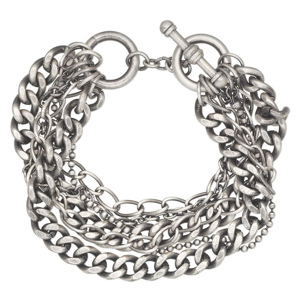 Bracelet, 6-strand, antique silver plate brass, 7 inches with toggle clasp. Sold individually. image number 0