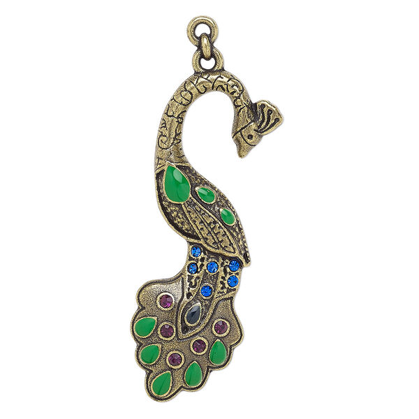 Focal, enamel / glass rhinestone / antique brass-finished "pewter" (zinc-based alloy), multicolored, 56x25mm peacock. Sold individually. image number 0