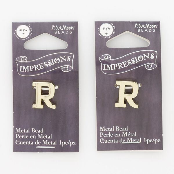 Bead, gold-finished "pewter" (zinc-based alloy), 13x11mm top-drilled alphabet letter R with 2mm hole. Sold per pkg of 2. image number 0