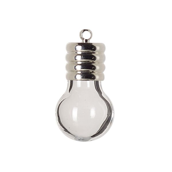 Drop, lampworked glass and silver-finished brass, clear, 22x14mm-25x14mm round bottle with cap, 5.5mm hole. Sold individually. image number 0