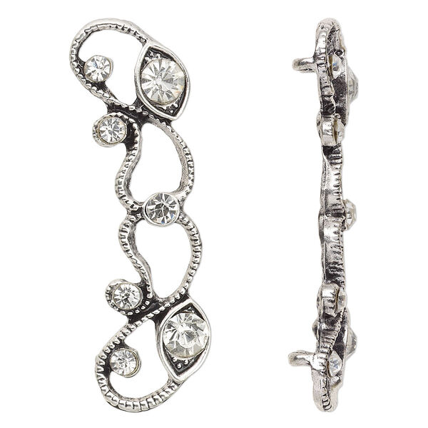Spacer, antique silver-plated "pewter" (zinc-based alloy) and Czech glass rhinestone, clear, 45x13mm 2-strand with fancy design. Sold per pkg of 4. image number 0