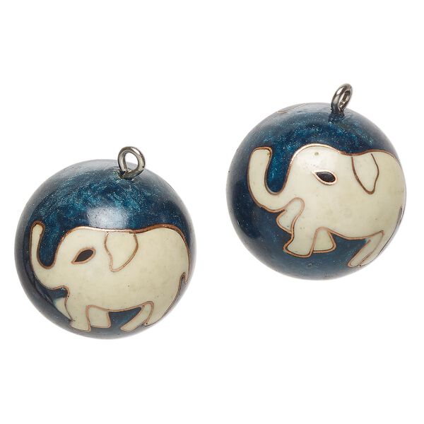 Chime, steel and enamel, pkg/2, 27-28mm round harmony ball with elephant, antique silver finish / blue / cream. image number 0