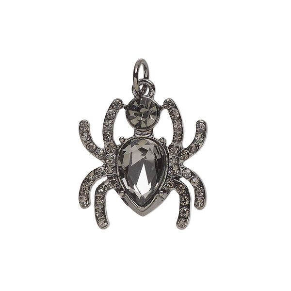 Charm, gunmetal-finished "pewter" (zinc-based alloy) and glass, black and grey, 20x19mm spider. Sold per pkg of 2. image number 0