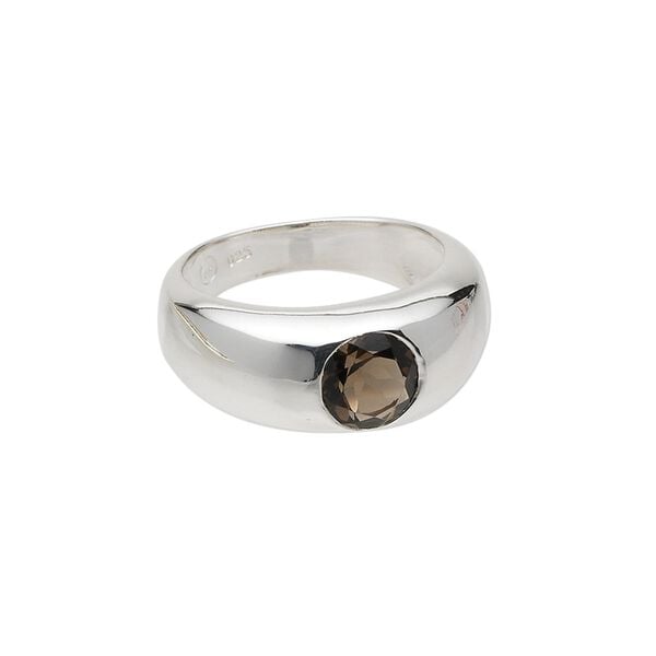 Ring, sterling silver and smoky quartz (heated / irradiated), 7mm faceted round, size 7. Sold individually. image number 0