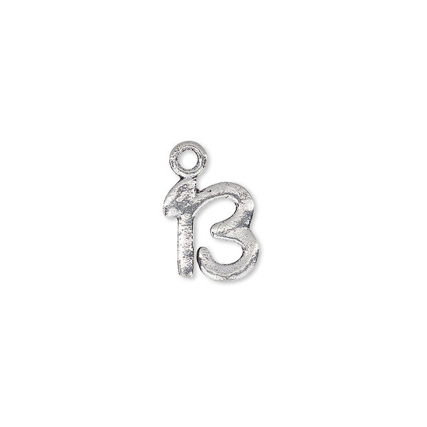 Charm, antique silver-plated white brass, 10x10mm single-sided number 13. Sold per pkg of 12. image number 0