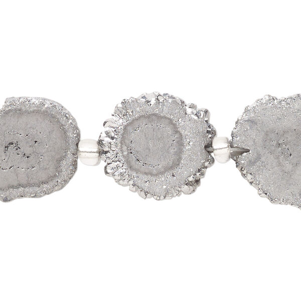 Bead, druzy agate (coated), pkg/6, electro-coated, 10-19mm machine-cut flat slab with glitter edges, B- grade. image number 0