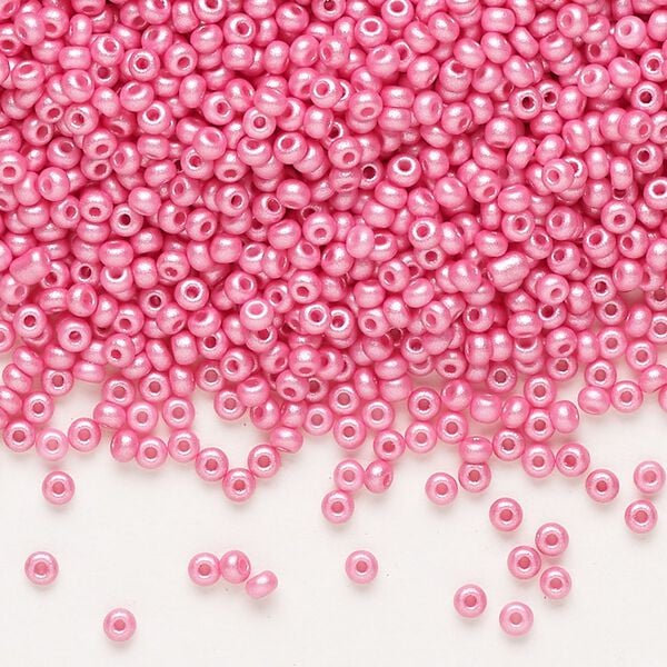 Seed bead, Preciosa Ornela Czech glass, pkg/50g, #11 rocaille, opaque PermaLux dyed pink chalkwhite, (22010). image number 0