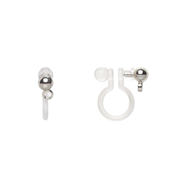 Earring clip-on 1pkg4 imitation rhodium-plated, 11mm / 3mm ball / closed loop, brass / resin clear 2 pair image number 0