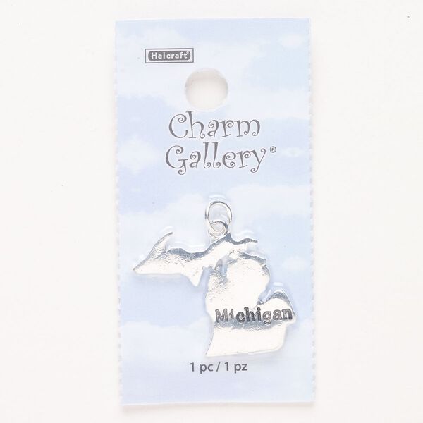 Charm, steel and enamel, pkg/1, silver finish and black, 30x24mm with "Michigan." image number 0