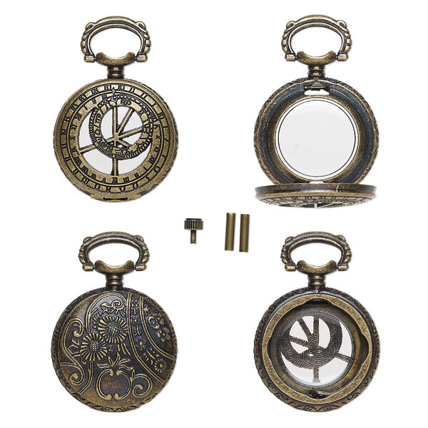 Watch body, acrylic and antique brass-finished "pewter" (zinc-based alloy), transparent clear, 41x27mm with 27mm round and dial with floral design. Sold per 5-piece set. image number 0