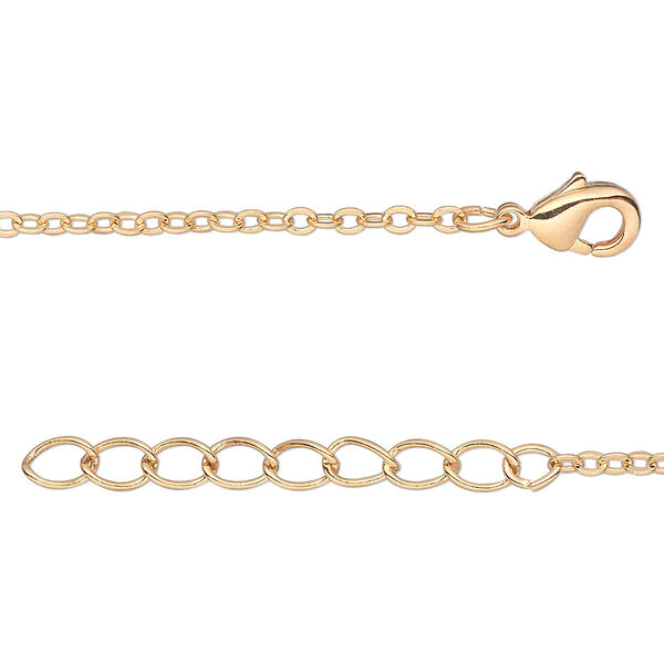 Chain, gold-finished brass, 2mm flat cable, 16 inches with  1-1/4 inch extender chain and lobster claw clasp. Sold per pkg of 4. image number 0