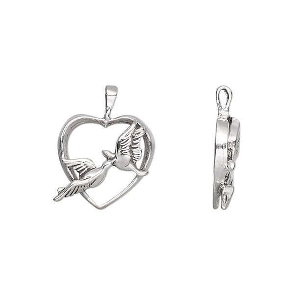 Charm, antiqued sterling silver, 15x13.5mm love birds in heart. Sold individually. image number 0