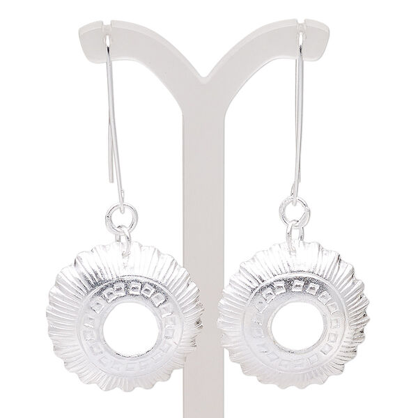 Earring, Hill Tribes, silver-plated copper, 2-3/4 inches with open round and line with square design and ear wire. Sold per pair. image number 0