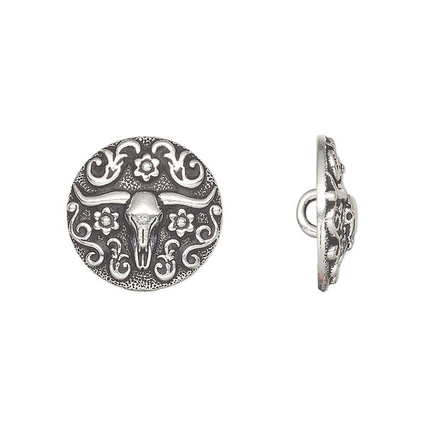 Button, TierraCast®, antique silver-plated pewter (tin-based alloy), 16mm round with longhorn design. Sold per pkg of 2. image number 0