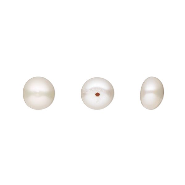 Pearl, White Lotus™, cultured freshwater (bleached), white, 7-7.5mm half-drilled button, B grade, Mohs hardness 2-1/2 to 4. Sold per pair. image number 0