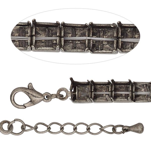 Bracelet component, antique silver-finished brass and steel, 6mm wide cupchain with (25) SS29 rivoli settings, 7 inches with 1-inch extender chain and lobster claw clasp. Sold individually. image number 0