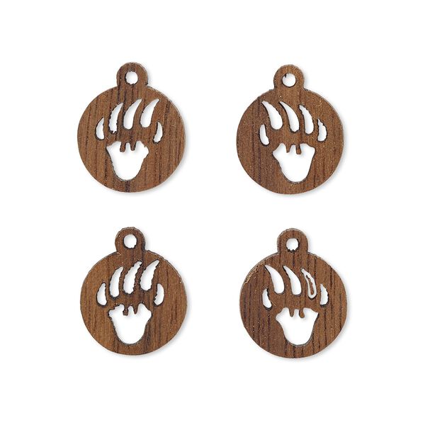 Drop, wood (natural), 11mm single-sided left- and right-facing flat round with cutout bear paw design. Sold per pkg of 4. image number 0