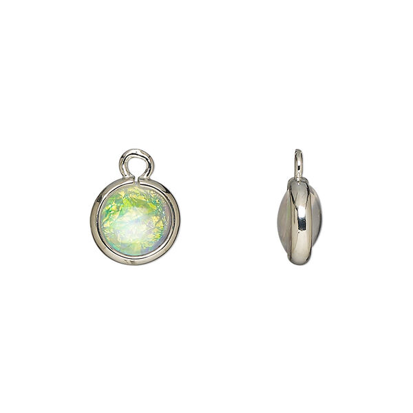 Drop, Opalized Ice™, "opal" (resin) and imitation rhodium-finished brass, opaque white, 9.5mm double-sided round. Sold per pkg of 6. image number 0