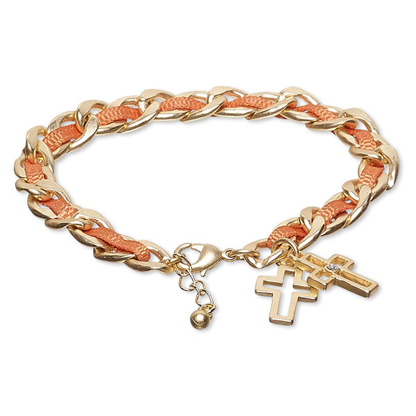 Bracelet, nylon / Czech glass rhinestone / gold-finished steel / "pewter" (zinc-based alloy), orange and clear, 8mm wide with 16x12mm cross, 6-1/2 inches with 1-inch extender chain and lobster claw clasp. Sold individually. image number 0