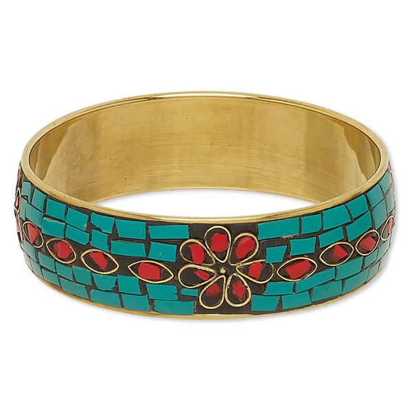Bracelet, bangle, brass and resin, red / turquoise green / black, 22mm wide with flower design, 8 inches. Sold individually. image number 0
