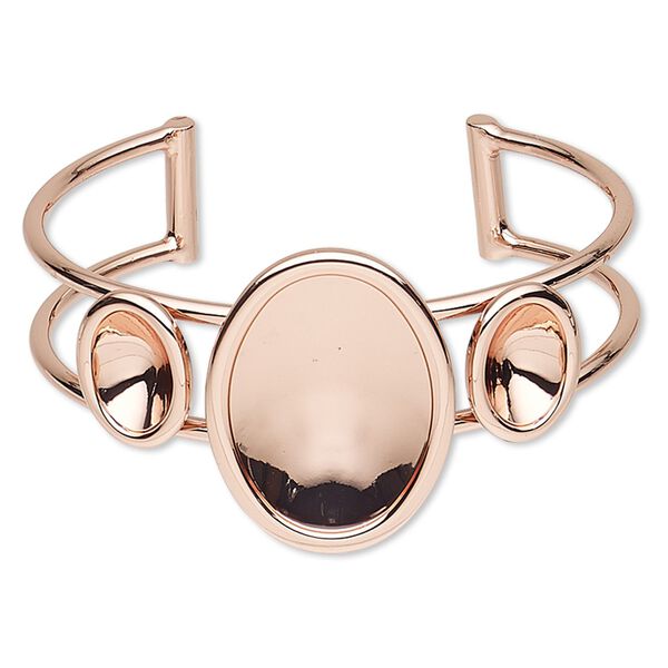 Bracelet, Almost Instant Jewelry®, cuff, copper-plated brass and "pewter" (zinc-based alloy), 35mm wide with 14x10mm and 30x22mm oval settings, adjustable. Sold individually. image number 0