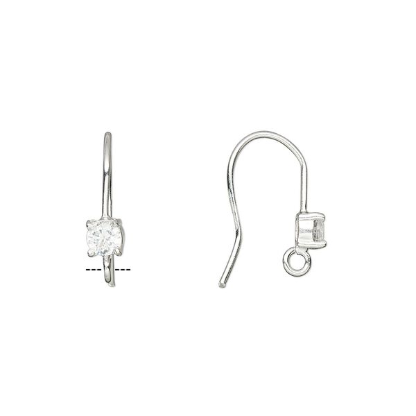 Ear wire fishhook 1pkg2 sterling silver / cubic zirconia, 16.5mm / 3.5mm faceted round / open loop, 21 gauge clear 1 pair image number 0