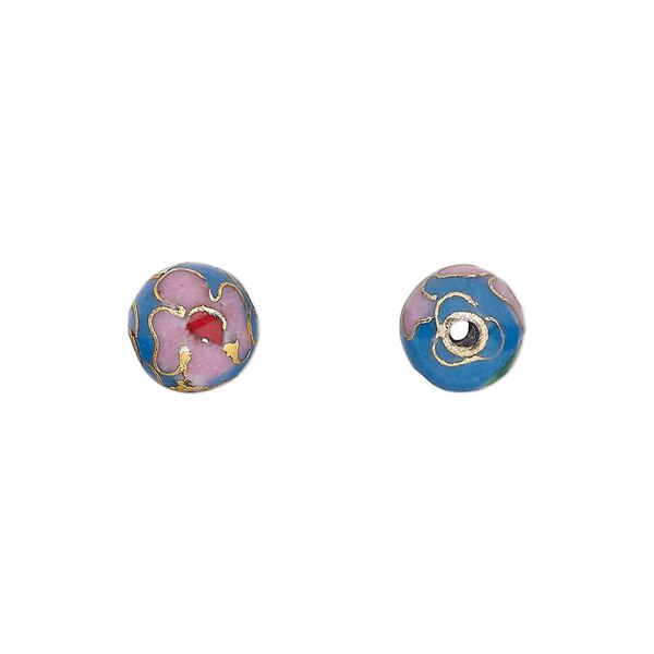 Bead, cloisonné, enamel and gold-finished copper, medium blue and multicolored, 8mm round with flower design. Sold per pkg of 10. image number 0