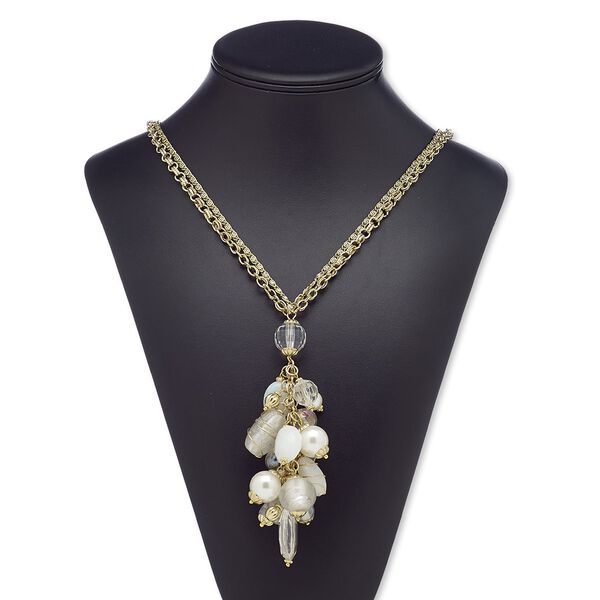 Necklace, 2-strand, glass / acrylic / acrylic pearl / gold-coated acrylic / gold-finished steel, clear and white, 5-inch dangle, 28-inch continuous loop. Sold individually. image number 0