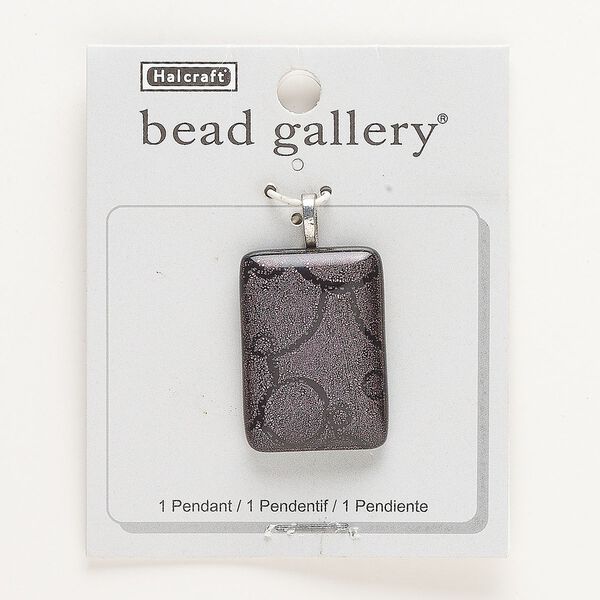 Focal, antique silver-finished brass and dichroic glass, opaque purple and black, 35x25mm rectangle. Sold individually. image number 0