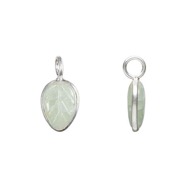 Drop, sterling silver and aquamarine (heated), 14x9.5mm carved leaf. Sold individually. image number 0