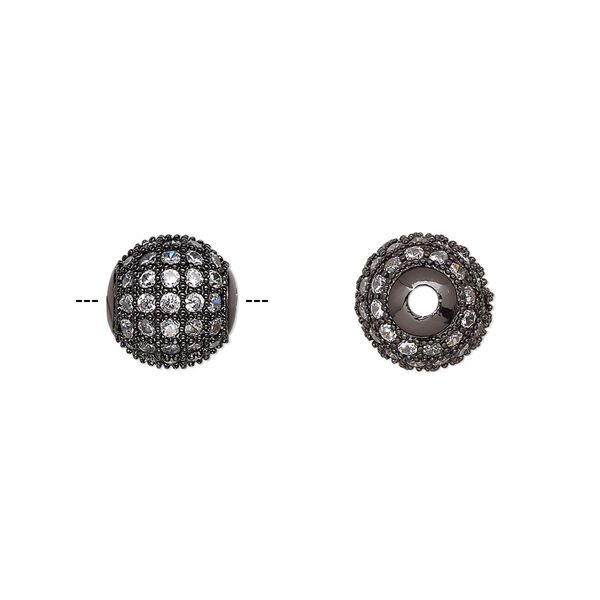 Bead, cubic zirconia and black-finished brass, clear, 9.5mm textured round. Sold individually. image number 0