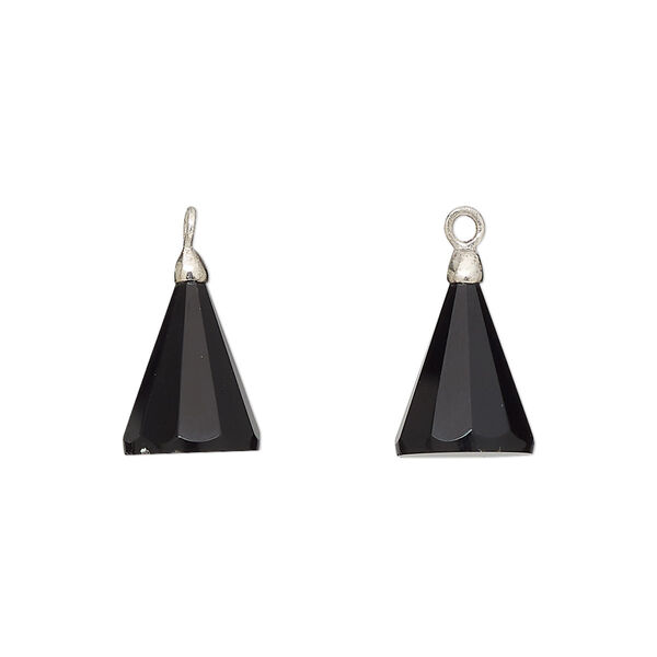Drop, silver-plated black onyx (dyed) and electroplated sterling silver, 14x9mm-15x10mm hand-cut 3D faceted cone, Mohs hardness 6-1/2 to 7. Sold individually. image number 0
