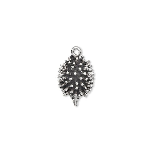 Charm, antiqued sterling silver, 13x11mm 3D hedgehog. Sold individually. image number 0