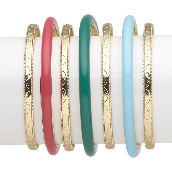 Bracelet, bangle, resin and gold finished-steel, light blue / green / dark pink, 5-6mm wide, 8 inches. Sold per 7-piece set. image number 0