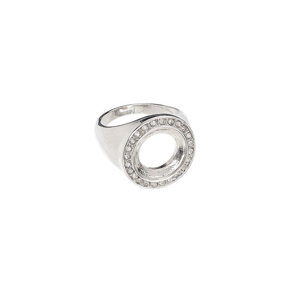 Ring, Almost Instant Jewelry®, glass rhinestone and imitation rhodium-finished "pewter" (zinc based alloy), clear, 20mm wide with 14mm rivoli setting, size 9. Sold individually. image number 0