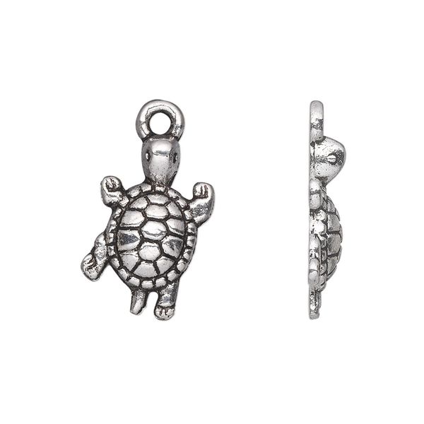 Charm, antique silver-plated "pewter" (zinc-based alloy), 19x12mm single-sided turtle. Sold per pkg of 20. image number 0