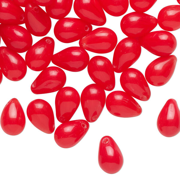 Bead, glass, translucent red, 10x6mm top-drilled teardrop. Sold per 1-ounce pkg, approximately 65 beads. image number 0