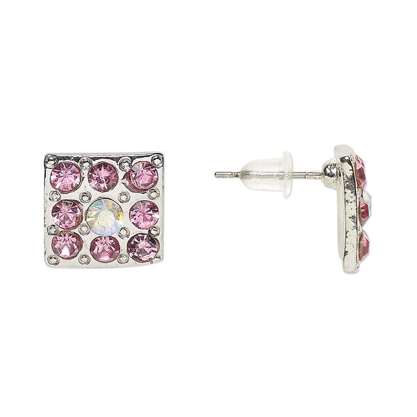 Earstud, Everyday Jewelry, antique silver-finished "pewter" (zinc-based alloy) and glass, pink and clear AB, 12mm square. Sold per pair. image number 0