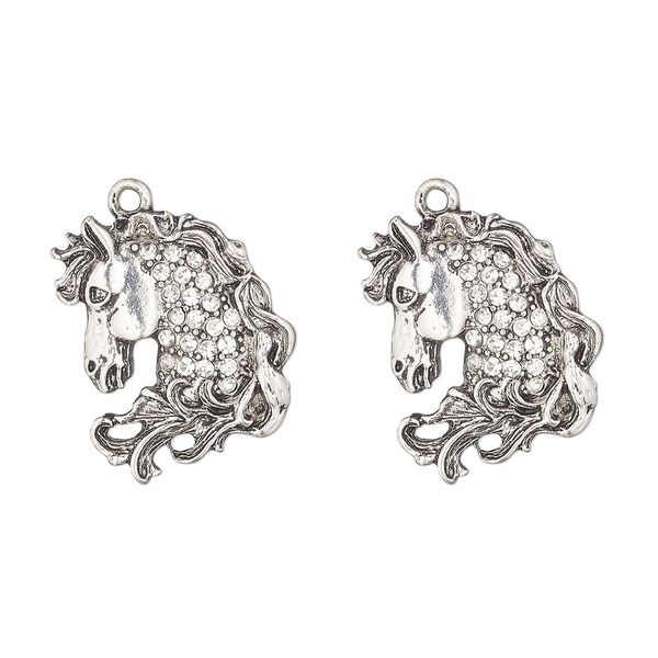 Charm, antique silver-finished "pewter" (zinc-based alloy) and glass, clear, 23x21mm single-sided horse head. Sold per pkg of 2. image number 0