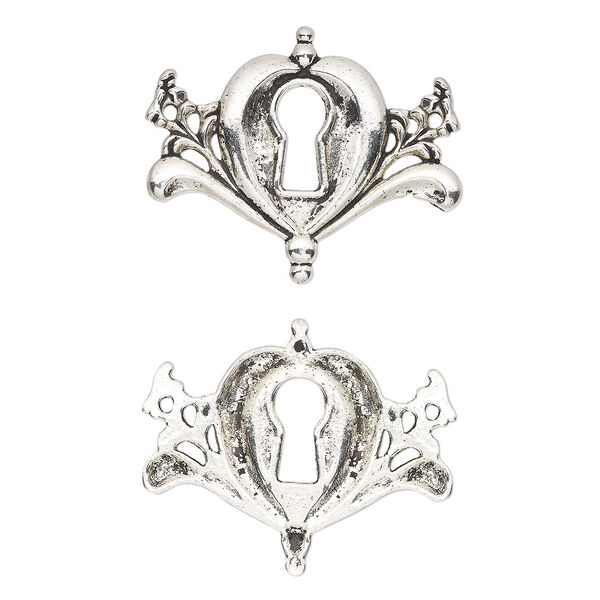 Focal, antique silver-finished "pewter" (zinc-based alloy), 37.5x30.5mm single-sided key hole with 2 loops. Sold per pkg of 4. image number 0