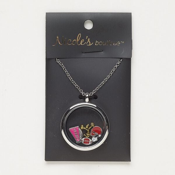 Necklace, glass / enamel / silver- / antique gold-finished "pewter" (zinc-based alloy) / steel, pink / red / blue, 30mm round with mixed designs, 24 inches with lobster claw clasp. Sold individually. image number 0