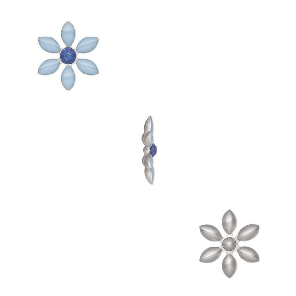 Component, epoxy / plastic / silver-finished copper, blue and light blue, 17x15mm single-sided flower. Sold per pkg of 2. image number 0
