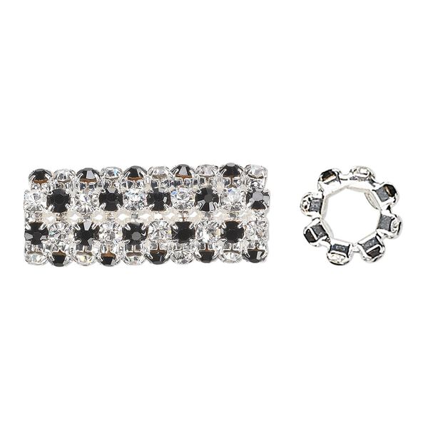 Bead, glass rhinestone and silver-plated brass, black and clear, 32x13mm cylinder with 3mm chatons, 7.5mm hole. Sold individually. image number 0